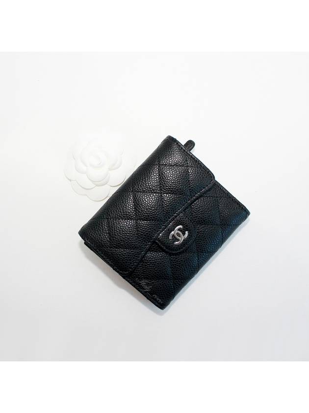 Small Classic Flap Wallet Grained Calfskin Silver Black - CHANEL - BALAAN 4