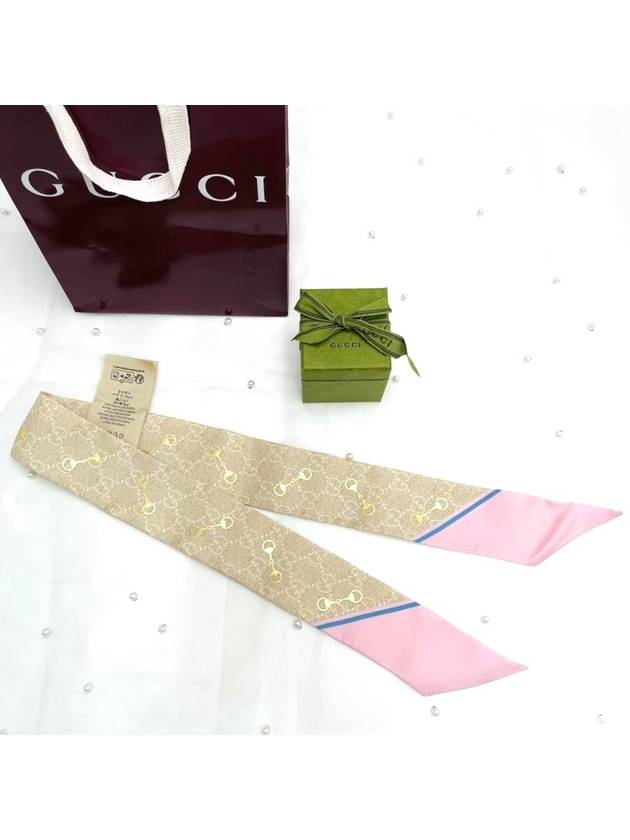 GG Print Horsebit Silk Neck Bow Twilly Scarf Beige Pink - GUCCI - BALAAN 3