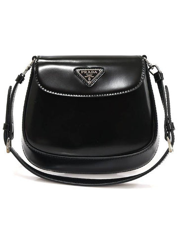 1BH188 Black Brushed Leather Silver Triangle Cleo Mini Hobo Shoulder Bag - PRADA - BALAAN 1