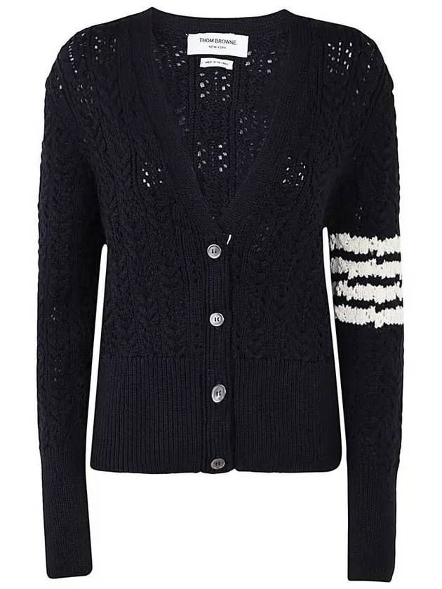 Women's Irish Pointelle Cable 4 Bar V Neck Cardigan Navy - THOM BROWNE - BALAAN 2