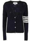 Women's Irish Pointelle Cable 4 Bar V Neck Cardigan Navy - THOM BROWNE - BALAAN 3