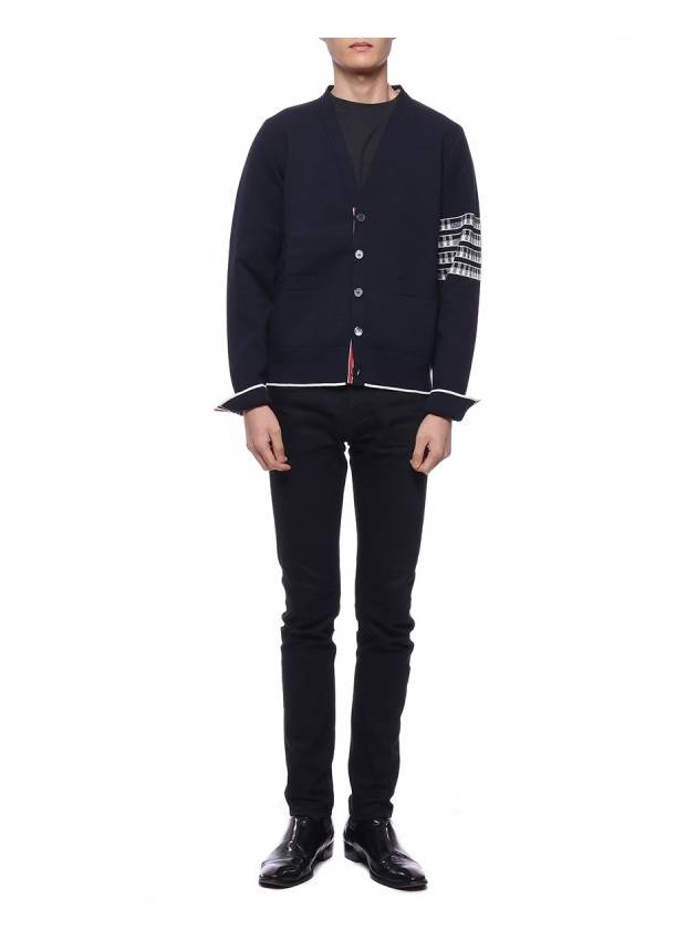 Men's Diagonal Plain Jacquard V-Neck Cardigan Navy - THOM BROWNE - BALAAN 4