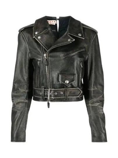 Women's Two-Tone Leather Crop Biker Jacket Black - MARNI - BALAAN 2