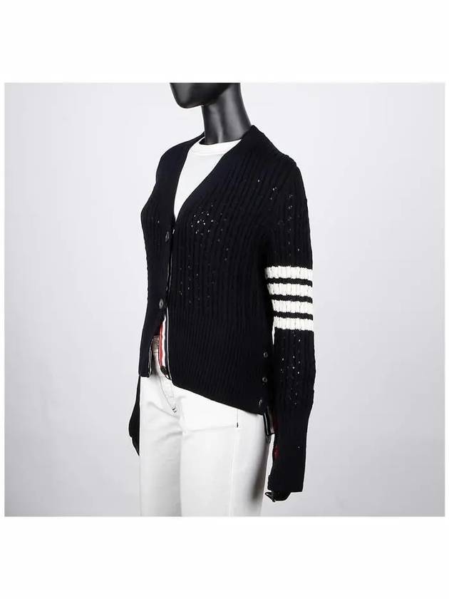 V-Neck Diagonal Pointelle Wool Cardigan Navy - THOM BROWNE - BALAAN 3