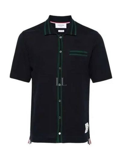 Pointelle Striped Racking Stitch Cotton Short Sleeve Shirt Navy - THOM BROWNE - BALAAN 2