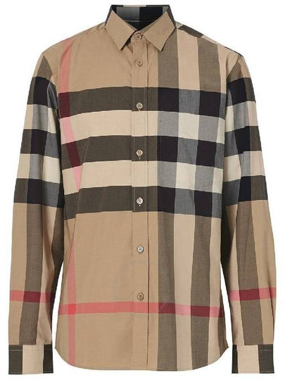 Check Stretch Cotton Poplin Long Sleeve Shirt Beige - BURBERRY - BALAAN 2