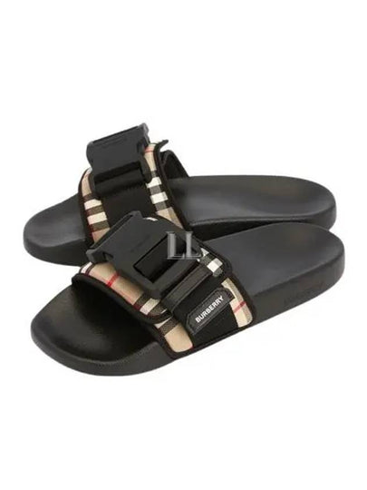 Buckle Strap Vintage Check Cotton Slippers Archive Beige Black - BURBERRY - BALAAN 2