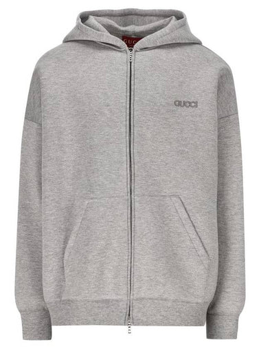 Embroidered Logo Zip-Up Hoodie Grey - GUCCI - BALAAN 1