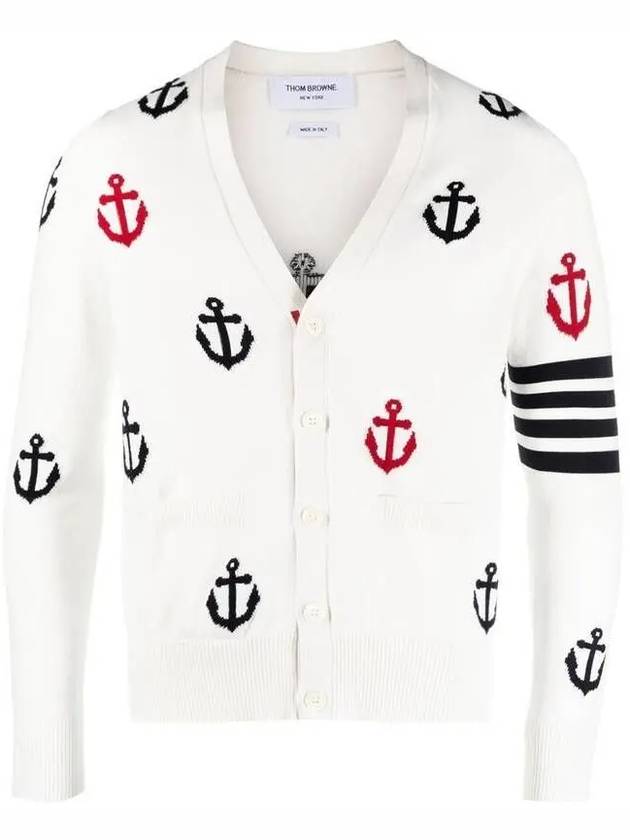 Anchor Intarsia 4-Bar V-Neck Cardigan White - THOM BROWNE - BALAAN 2