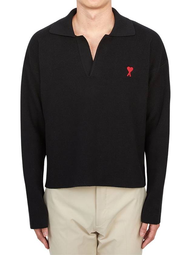 Small Heart Long Sleeve Polo Shirt Black - AMI - BALAAN 2