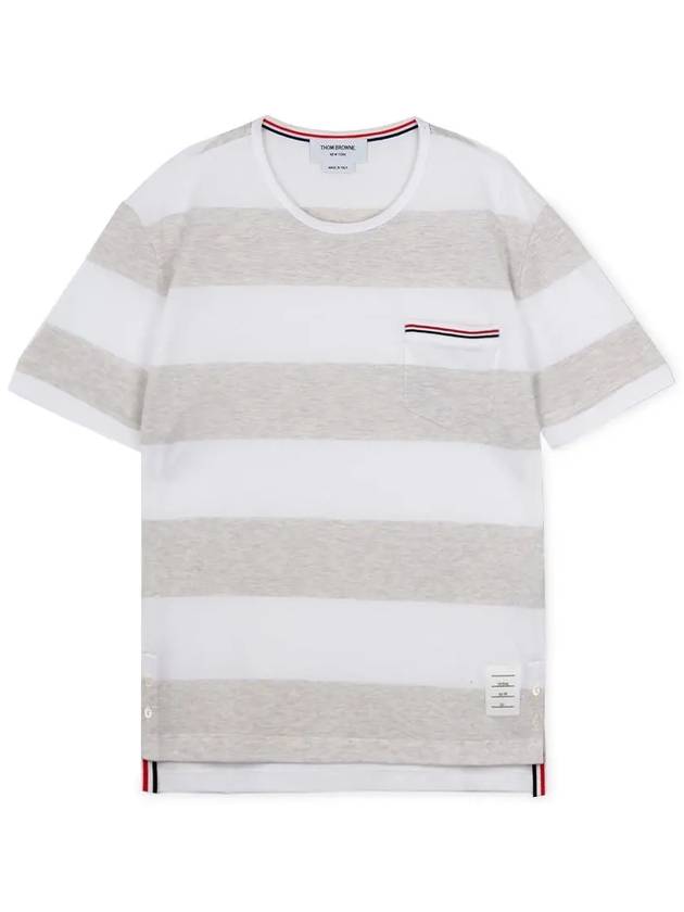 Men's Rugby Striped Pick Pocket Short Sleeve T-Shirt Pale Grey White - THOM BROWNE - BALAAN 4