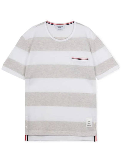 Men's Rugby Striped Pick Pocket Short Sleeve T-Shirt Pale Grey White - THOM BROWNE - BALAAN 2