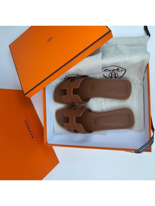 Oran Calfskin Slippers Gold Piqures Ecrues - HERMES - BALAAN 5