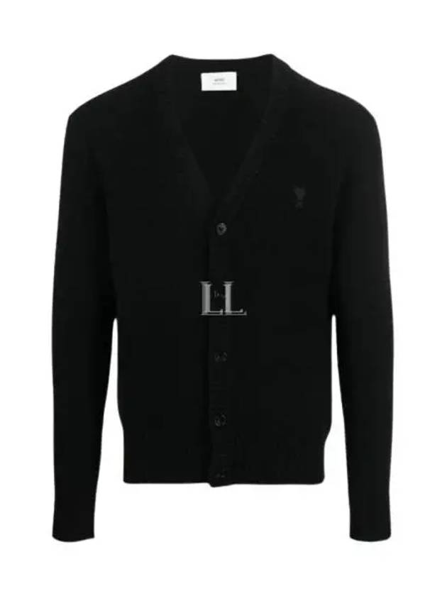 Small Heart Logo V-Neck Cardigan Black - AMI - BALAAN 2