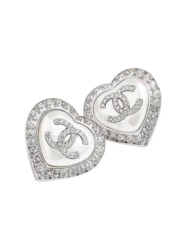 CC Logo Heart Crystal Stud Earrings Silver - CHANEL - BALAAN 1