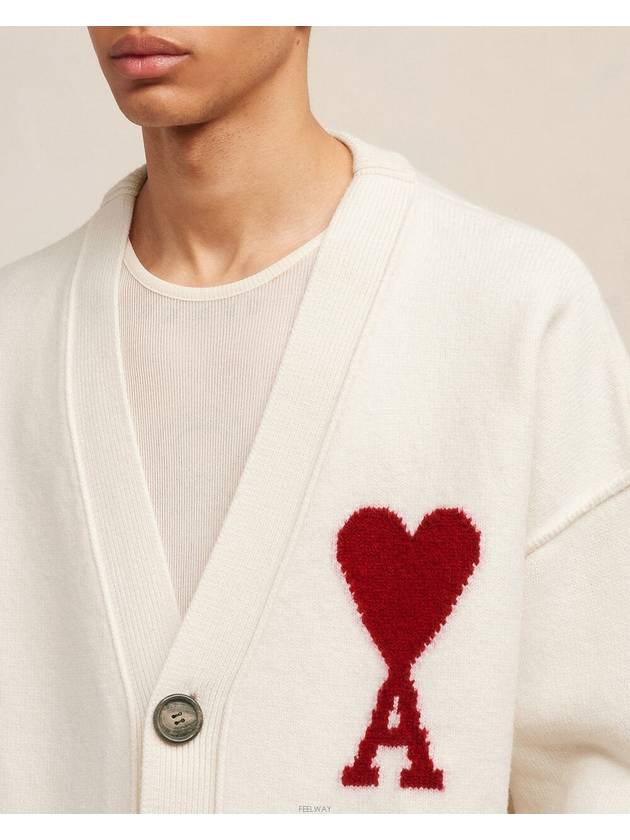 Heart Logo V Neck Wool Cardigan Off White - AMI - BALAAN 3