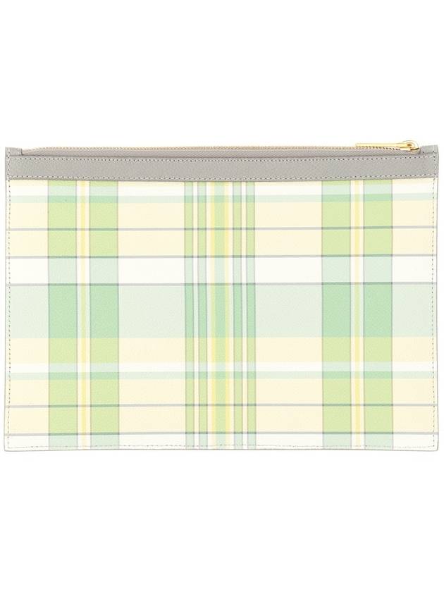 Madras Print Pebble Grain Leather Clutch Bag Pastel Green - THOM BROWNE - BALAAN 2