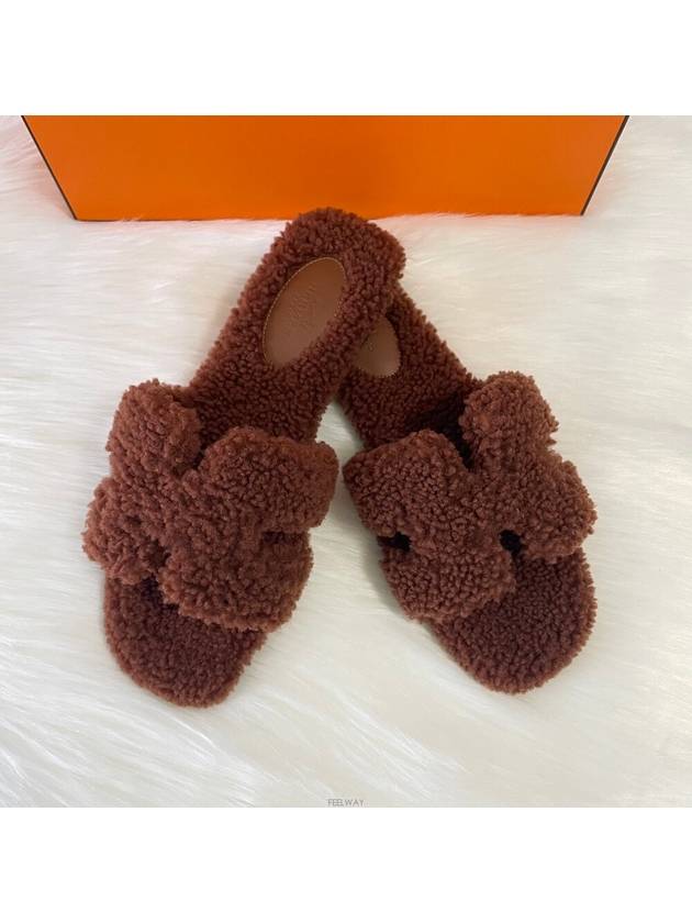 Fleece Oran Shearling Sandals Slippers Brown - HERMES - BALAAN 3