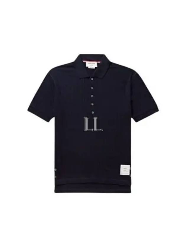 RWB Button Ribbed Polo Wool Knit Top Navy - THOM BROWNE - BALAAN 2