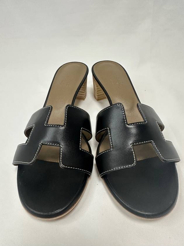 Oasis Calfskin Slipper Heels Noir Piqures Ecrues - HERMES - BALAAN 3