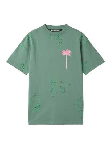 Logo Print Short Sleeve T Shirt Green Pink Tee - PALM ANGELS - BALAAN 1