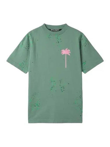 Logo Print Short Sleeve T Shirt Green Pink - PALM ANGELS - BALAAN 1