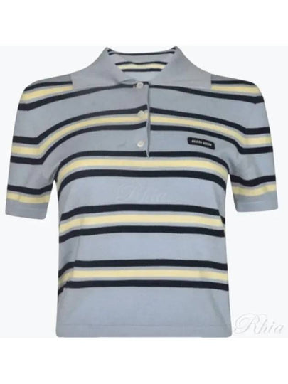 Striped Knit Silk Cotton Polo Shirt Blue - MIU MIU - BALAAN 2