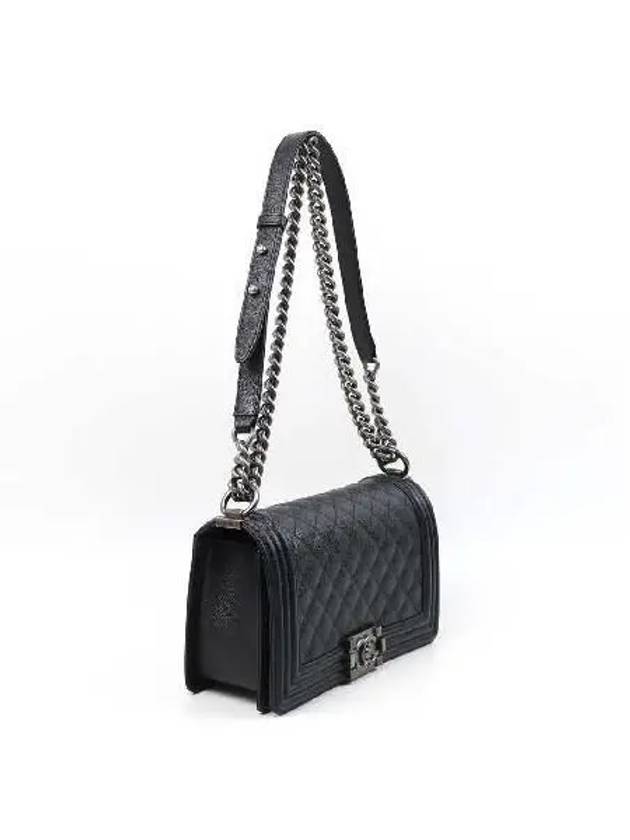 A67086 Black Caviar Skin Boy Medium Silver Chain Shoulder Bag - CHANEL - BALAAN 3