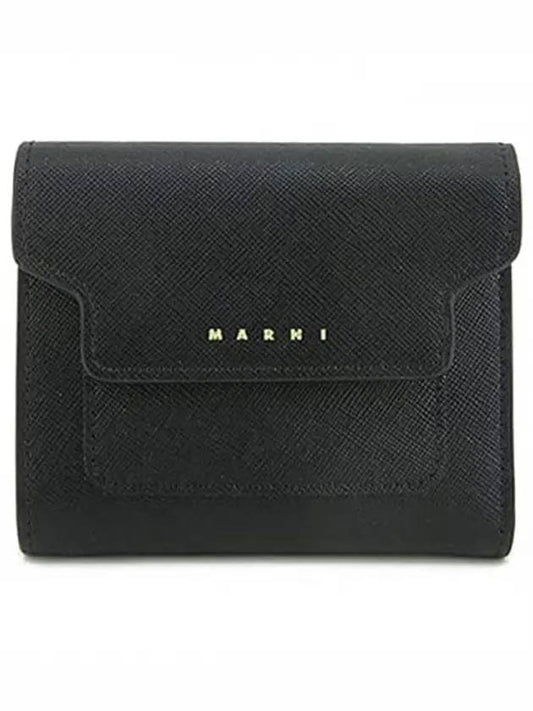 Saffiano Tri-Fold Zipper Half Wallet Black - MARNI - BALAAN.