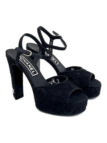 24P Flower Pattern Cotton Lace Sandals Heel 36 5 Black 4ET1426 - CHANEL - BALAAN 1