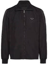 Logo Plaque Silk Blend Zip-Up Jacket Black - PRADA - BALAAN 2