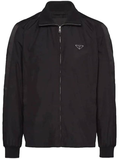 Logo Plaque Silk Blend Zip-Up Jacket Black - PRADA - BALAAN 2