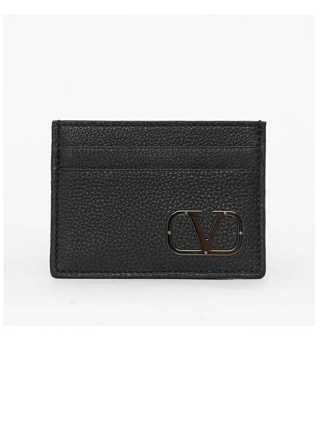 Signature V Logo Leather Card Wallet Black - VALENTINO - BALAAN 3