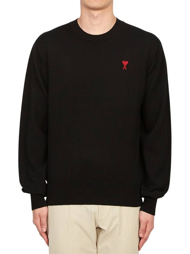 Heart Embroidered Logo Crew Neck Knit Top Black - AMI - BALAAN 2