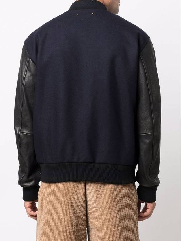 Distressed Leather Sleeve Wool Bomber Jacket Dark Blue - GOLDEN GOOSE - BALAAN 5