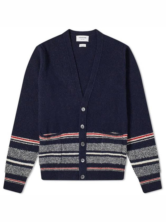 Seasonal Jacquard Striped V-neck Cardigan Navy - THOM BROWNE - BALAAN 2