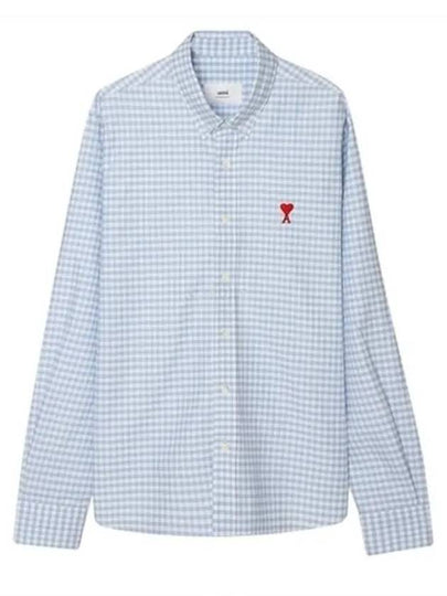 Small Heart Logo Gingham Button Long Sleeves Shirt Sky Blue - AMI - BALAAN 2