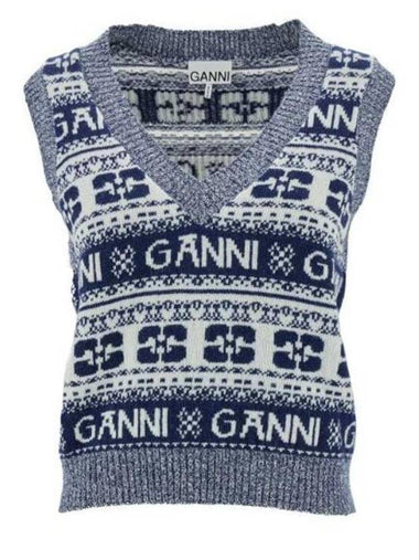 Logo Wool Mix Vest Knit Top Sky Captain - GANNI - BALAAN 1