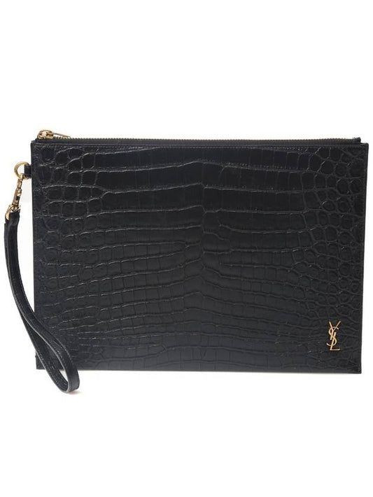 Crocodile Monogram Clutch Bag Black - SAINT LAURENT - BALAAN.