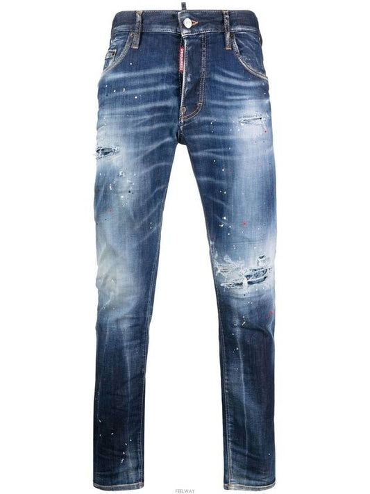 Skater Red Patch Logo Cotton Slim Fit Jeans Blue - DSQUARED2 - BALAAN.