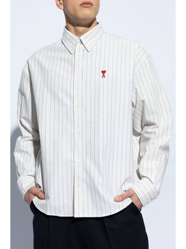 Small Heart Logo Stripe Boxy Fit Long Sleeve Shirt Chalk - AMI - BALAAN 3