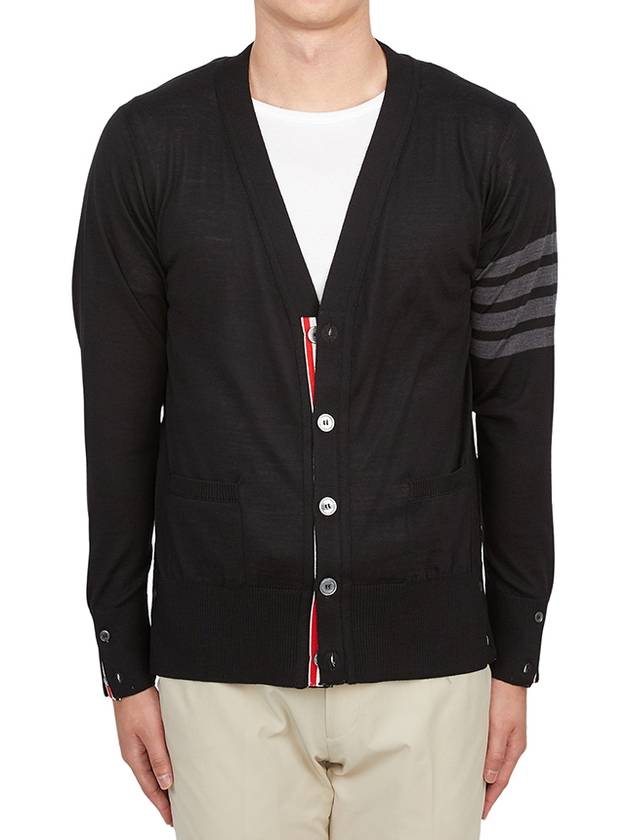 Men's Classic V-neck Merino Wool Cardigan Black - THOM BROWNE - BALAAN 2