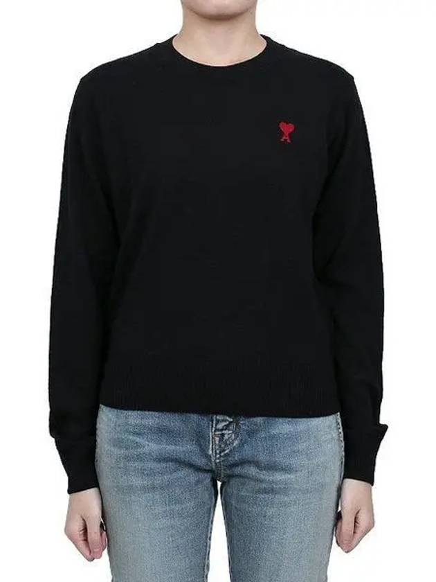 Heart Logo Crew Neck Merino Wool Knit Top Black - AMI - BALAAN 2