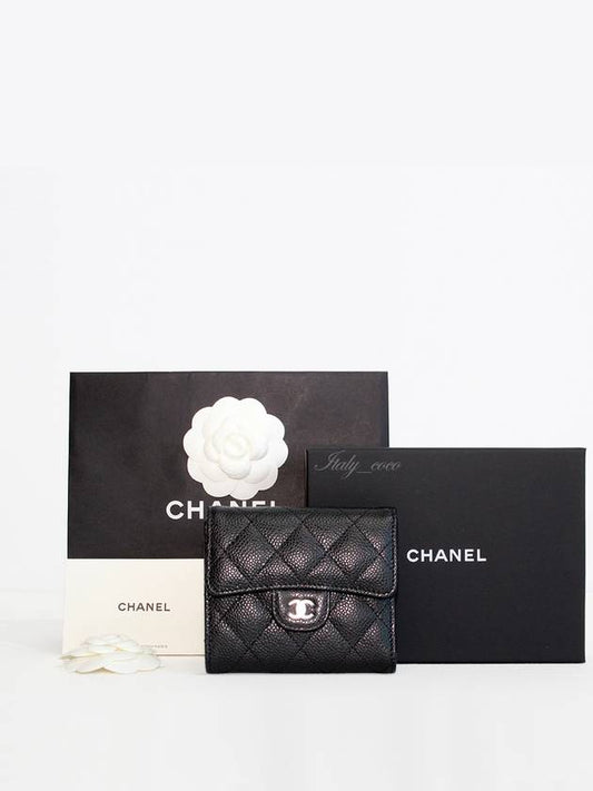 Small Classic Flap Wallet Grained Calfskin Silver Black - CHANEL - BALAAN 2