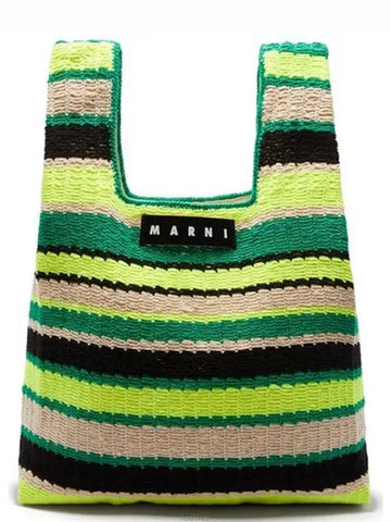 Market Logo Patch Striped Macrame Crochet Shopping Tote Bag Green - MARNI - BALAAN 1