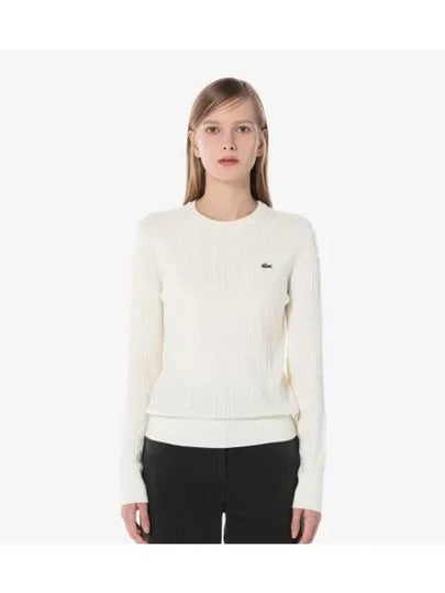 Women s Cable Crew Neck Sweater Cream - LACOSTE - BALAAN 1