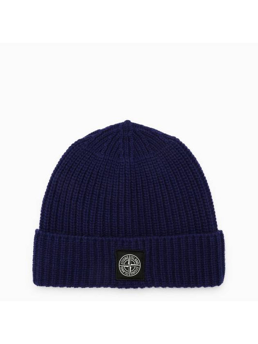 Logo Patch Rib Wool Beanie Blue - STONE ISLAND - BALAAN 1