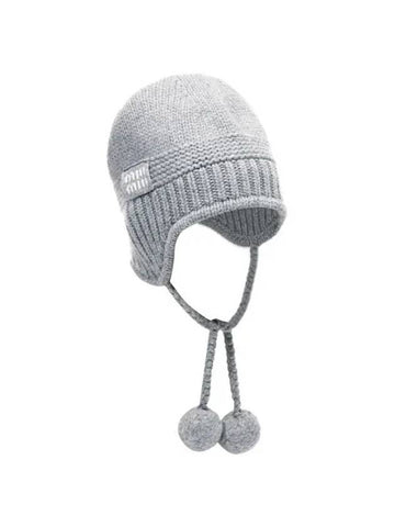 Logo Patch Knit Wool Cashmere Beanie Grey - MIU MIU - BALAAN 1