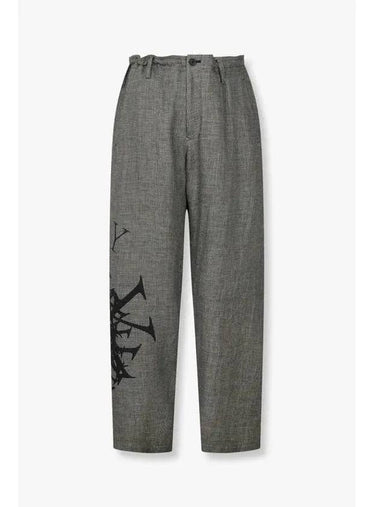 Yohji Yamamoto HOMME Logo Print Check Linen Pants Gray - YOHJI YAMAMOTO - BALAAN 1