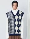 Argyle Houndstooth Half Half Knit Vest Navy - S SY - BALAAN 3